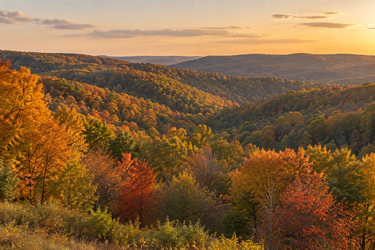 Rolling Western Pennsylvania hills in autumn color, illustrative