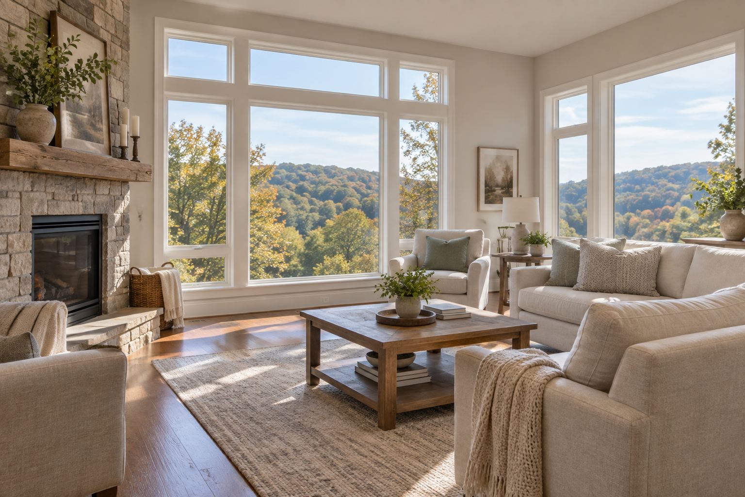 Bright living room with a view of wooded hills, illustrative