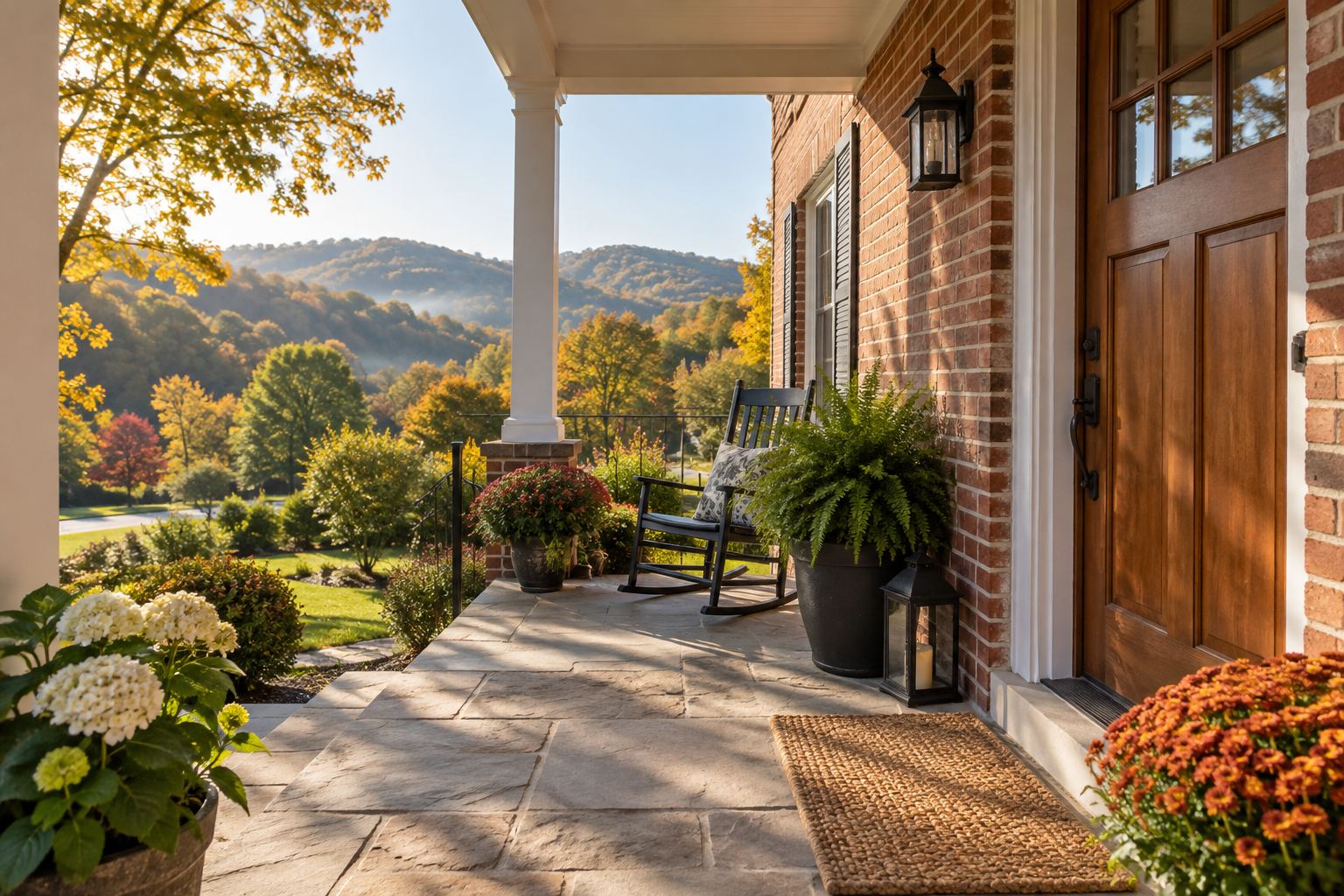 Welcoming brick front porch with autumn flowers, illustrative