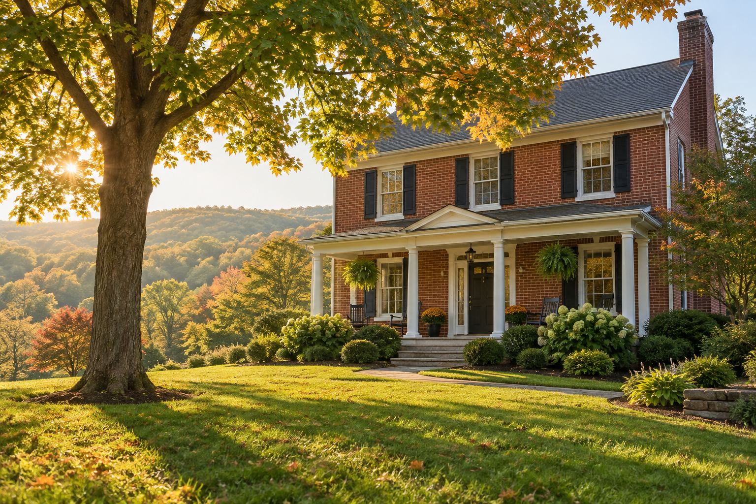 Brick colonial home under a mature maple, illustrative