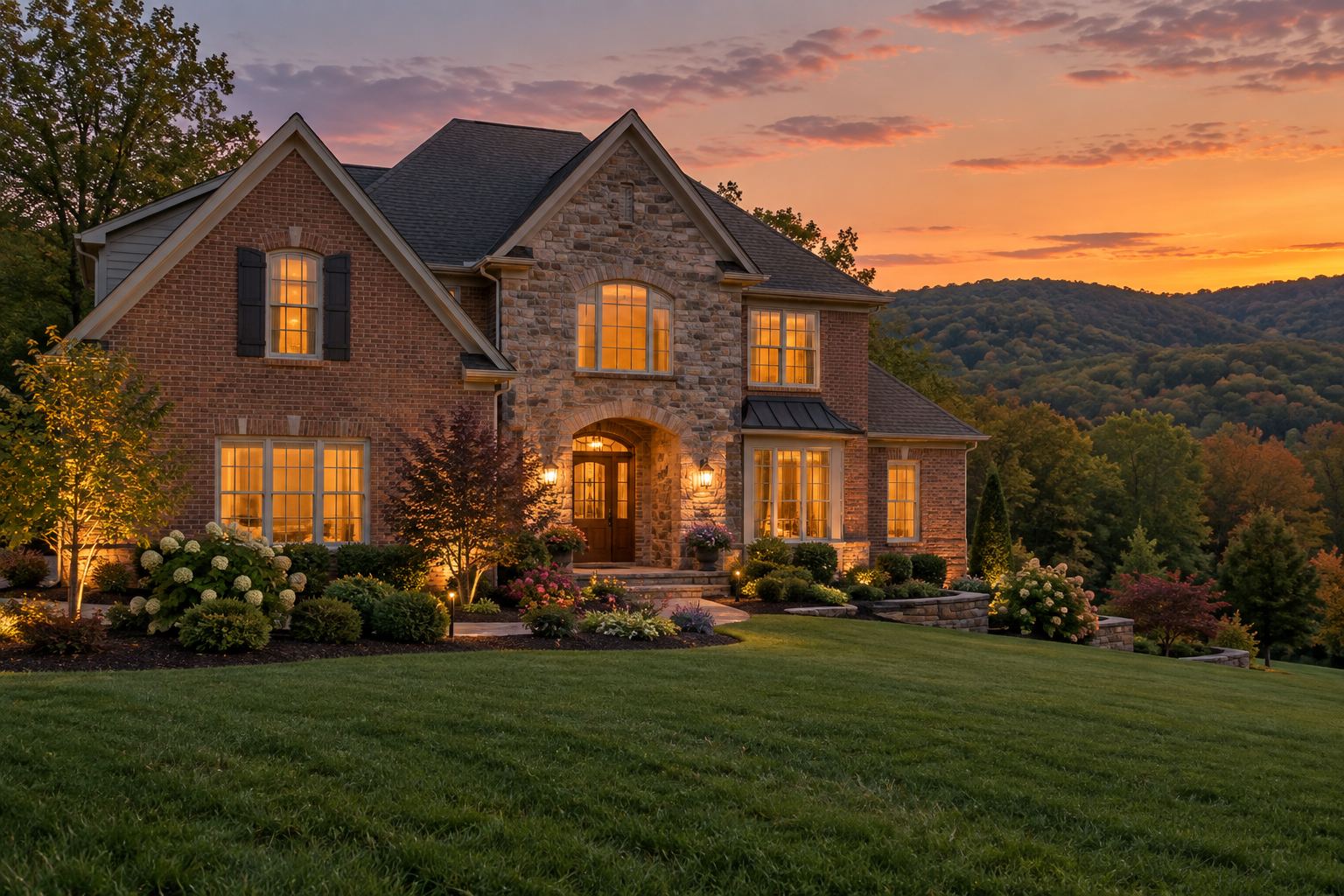 Stone and brick estate home lit at dusk above wooded hills, illustrative