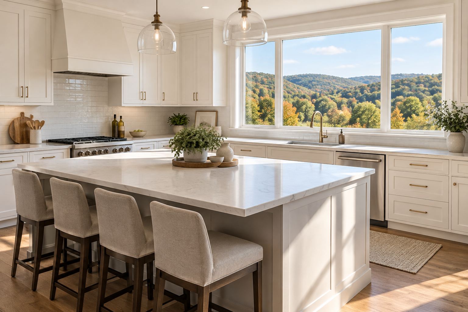 Bright kitchen with a wide island and hillside view