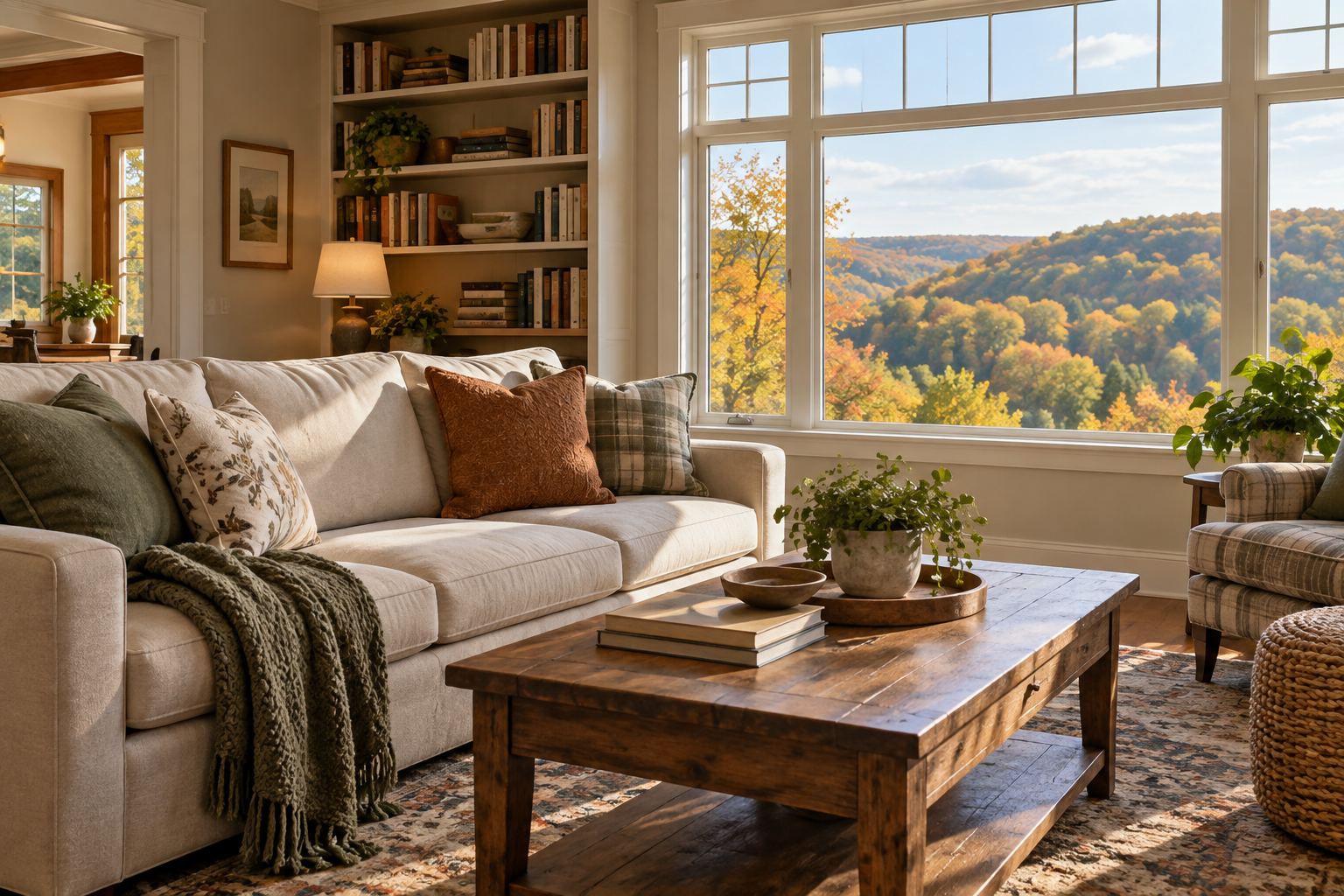Warm living room with a view of autumn hills, illustrative