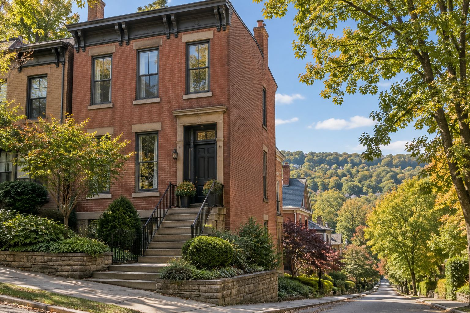 Brick Victorian on a tree lined Pittsburgh street